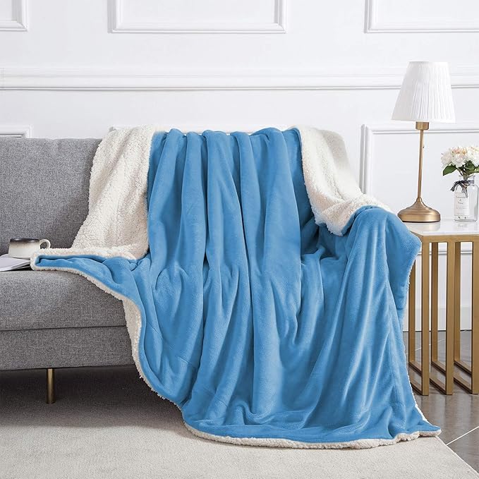IR Imperial Rooms Sherpa Blankets Queen Size - Thick and Warm Blankets for Winter, Reversible Soft and Fuzzy Fluffy Queen Size Blanket for Bed, Light Blue, 90x90 Inches