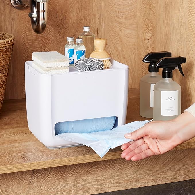 YouCopia SinkSuite Trash Bag Dispenser, Standing Garbage Bag Organizer with Removable Lid and Cradle for Storage, Speckled White