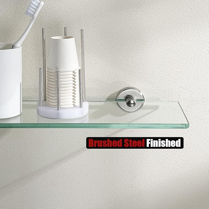 JQK Bathroom Glass Shelf, Tempered Glass Shower Storage 24 by 5 inches, 304 Stainless Steel Brushed Finish Wall Mount, TGS101L24-BN
