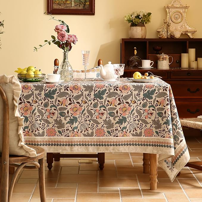 ISAENNE Designer Boho Floral Long Rectangle Tablecloth,Linen Lotus Flower Pattern Colorful Indoor Table Cloth,Durable Decor Tablecloths for Dining Thanksgiving Kitchen Christmas,63"*94"-Hazel A