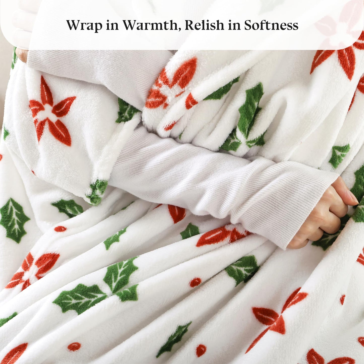 Fleece Print Throw Blanket, Super Soft Plush Cozy Fuzzy Red Floral and Green Leaves Printed Throw Blankets for Couch Sofa Bed, and Home Décor, Microfiber Flannel, All Seasons 50x60 Inches