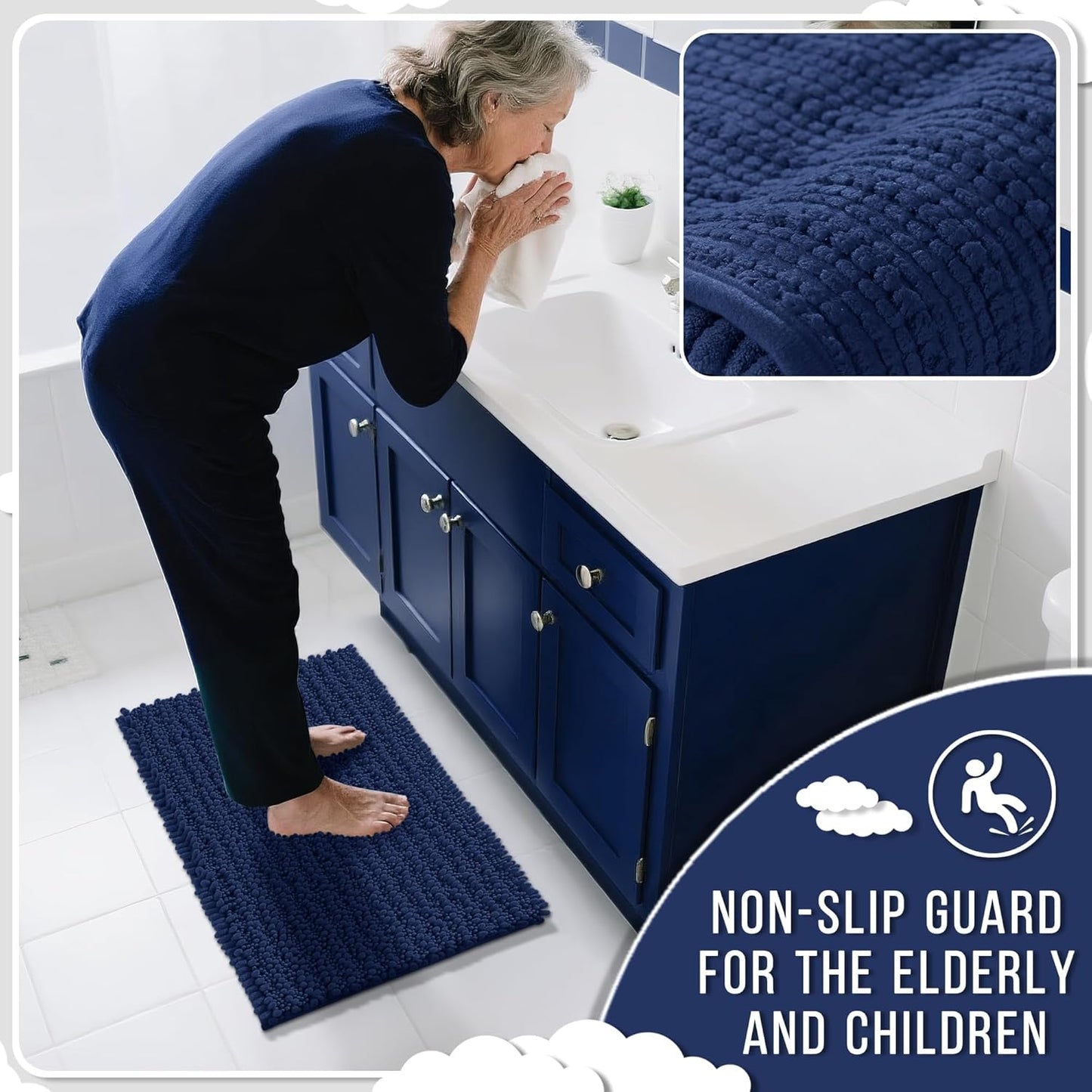 Yimobra Large Bathroom Rugs Non Slip Washable 36x24 Inch - Ultra Soft Absorbent Chenille Bath Mat, Quick Dry Shaggy Floor Carpet for Tub Shower, Navy Blue Home Decor Accessories