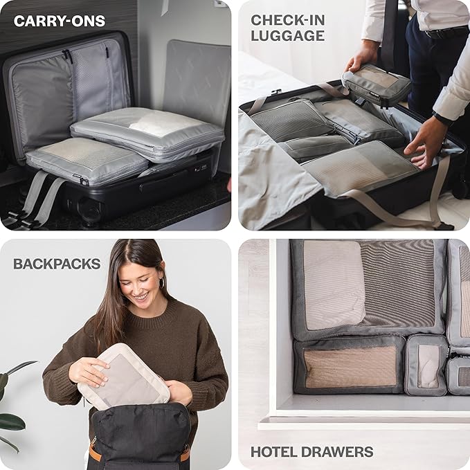 Aerotrunk Compression Packing Cubes for Travel - Luggage Organizer Bags - Double Zipper Packing Cubes for Suitcases (4-Pack, Mocha)