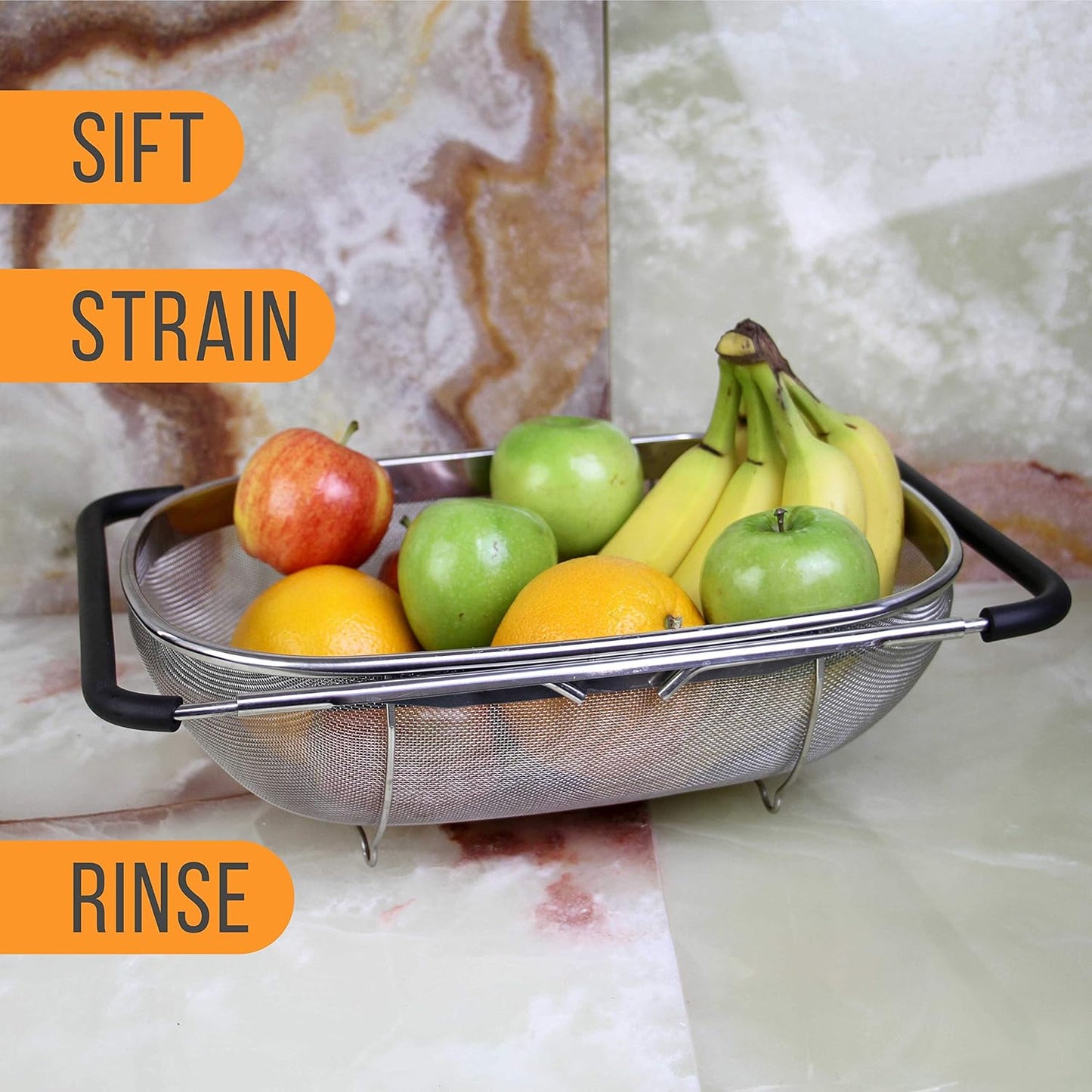 U.S. Kitchen Supply Stainless Steel Colander Strainer - 6-Quart Collapsible Colander with Expandable Rubber Handles - Rectangular Sieve, Fine Mesh Stainless Steel Strainers and Colanders for Kitchen