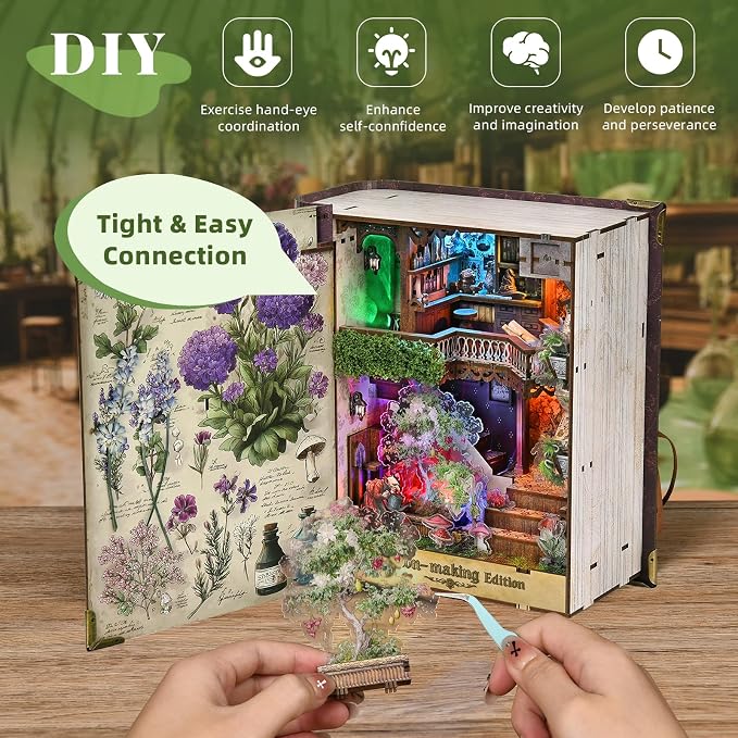 CCCDF Book Nook Kit - DIY Magic Book Miniature Dollhouse Booknook Bookshelf Decor 3D Wooden Puzzle, Gifts for Family, Friends (Potion-Making Edition)