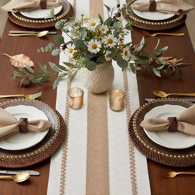 FEXIA Boho Table Runner for Hoilday Spring Home Decor with Tassels 60 Inches Long Pottery barn Furniture Farmhouse Rustic Macrame Burlap Table Decoration for Living Room (12x60 Inches)