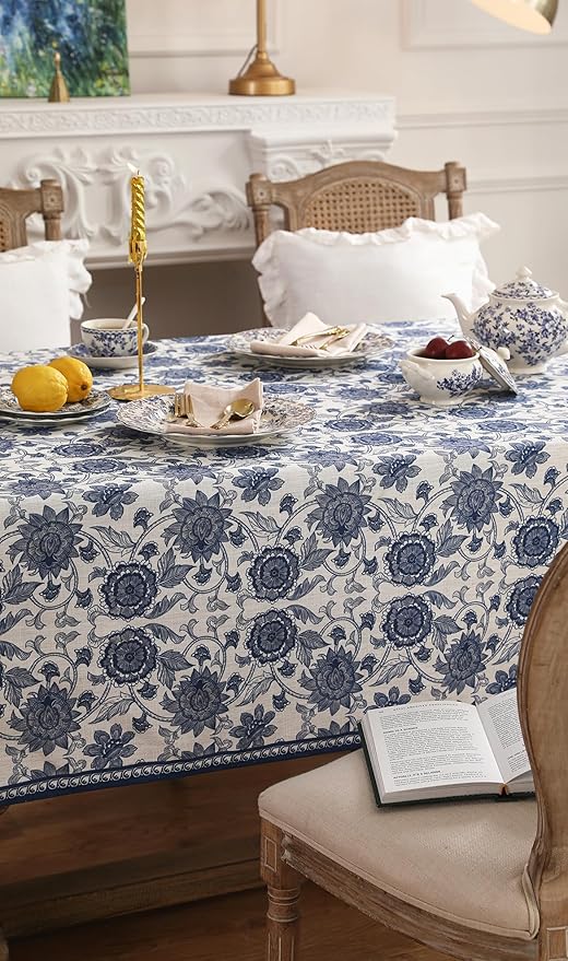 patdrea Designer Vintage Blue Long Rectangle Tablecloth,Linen Anti-Wrinkle Paisley Pattern Farmhouse Table Cloth,Decor Table Cover for Kitchen Dining,Christmas,Thanksgiving,63"x102"-Lantang a