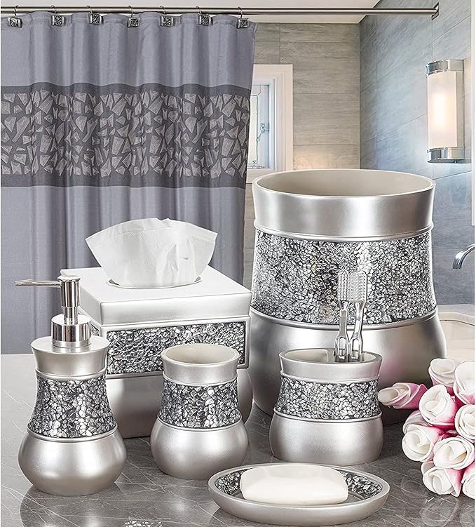 Creative Scents Crackled Glass Toilet Brush with Holder - Silver Toilet Bowl Cleaner Brush and Holder - Good Grip, Deep Cleaning, Decorative Design Compact Toilet Bowl Scrubber