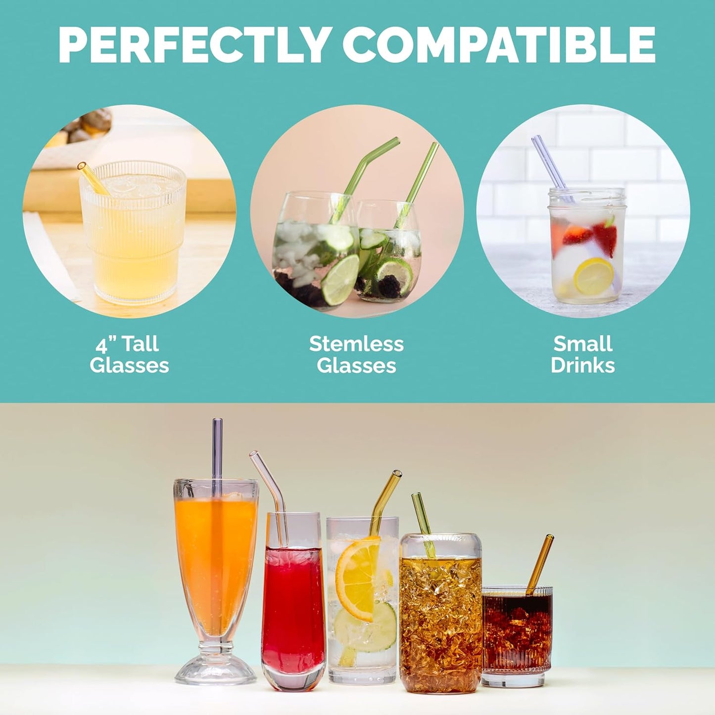 Simply Straws 6 Inch Glass Straws Straight (6-Pack) – Reusable Glass Straws for Low Balls & Stemless Glasses, with Cleaning Brush – Dishwasher Safe, Hot & Cold Use, BPA-Free (Fjord Mist)