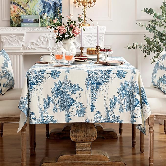 patdrea Designer Vintage Cyan Tablecloth for Rectangle Table,Linen Ancient Castle and Manor Pattern Tablecloths,Table Cover Decor for Kitchen Dining Christmas,Thanksgiving,63"x87"-Lucerne a