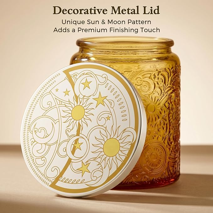 Art Secret 9-Pack 8oz Embossed Glass Candle Jars with Lids and Labels - Sun Moon Stars Design (Clear)