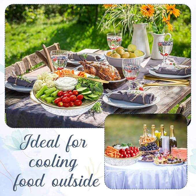 Baderke 6 Sets 11.8" Chilled Serving Tray for Parties Round Iced Platter with Ice Underneath Stainless Steel Clip Fruit Fork Shrimp Cocktail Serving Dish for Oysters Crawfish Fruits (Gold)