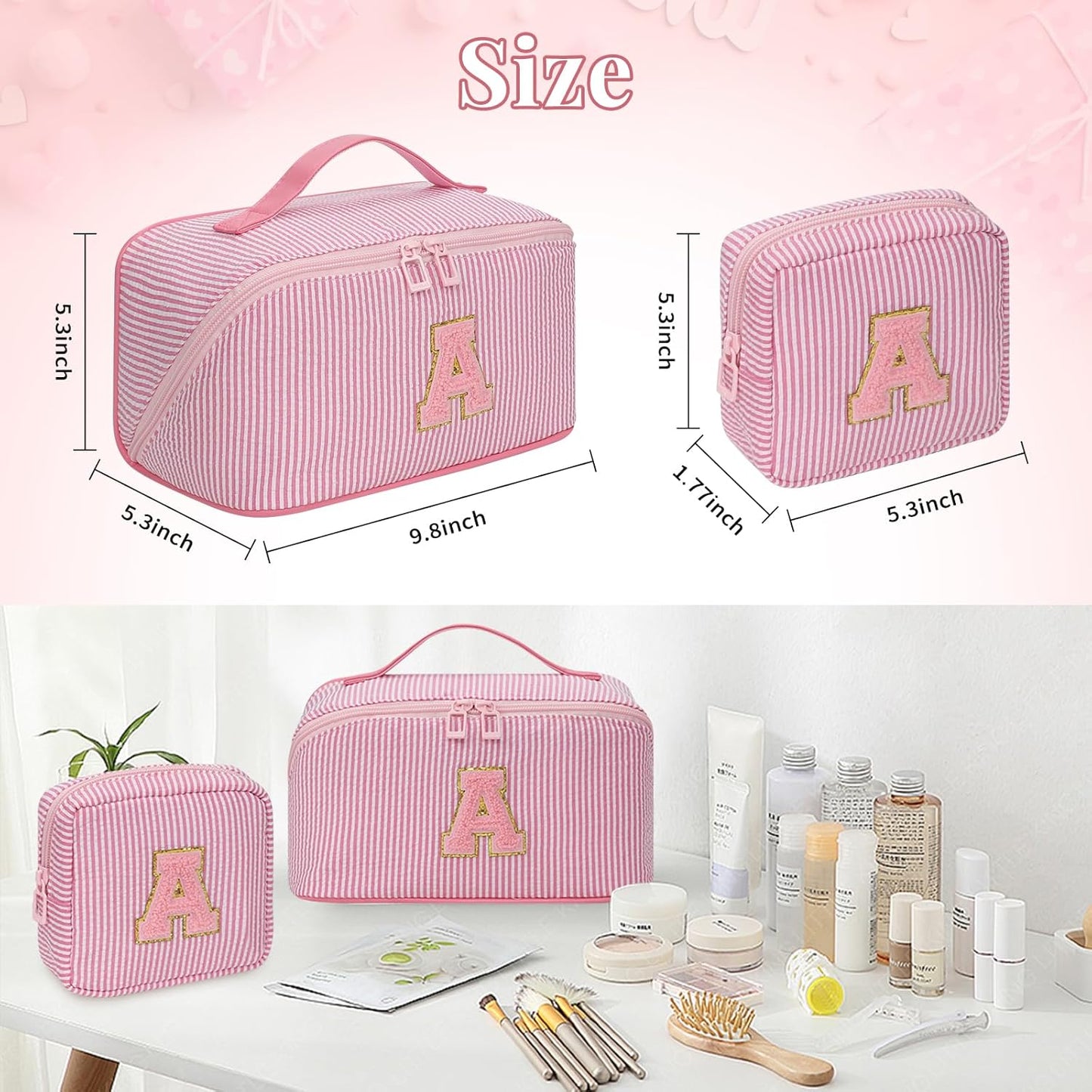Travel Makeup Bag for Women, 2Pcs Portable Personalized Initial Makeup Organizer Bag, Open Flat Large Cosmetic Bag With Travel Essential Pouch (Pink Letter K)