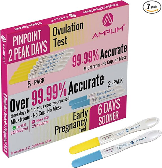 Amplim Pregnancy Test and Ovulation Tests Kit, 7 Pack Bulk Early Detection HCG & LH Sticks, FSA HSA Eligible, 99.99% Accurate at Home Predictor 6 Days Early Result, Extra Sensitive Fertility Tracker