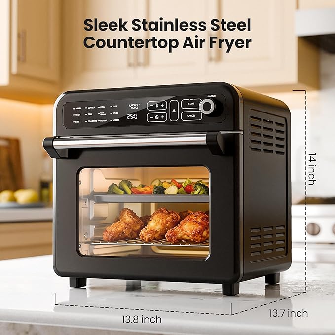 Kismile 18QT Air Fryer Toaster Oven Combo, 12-in-1 Countertop Convection Airfryer Oven, Adjustable 70–450℉ Temperature, Bake, Reheat & Broil, Fits 8-10″ Pizza, Complete Accessories Included, Black