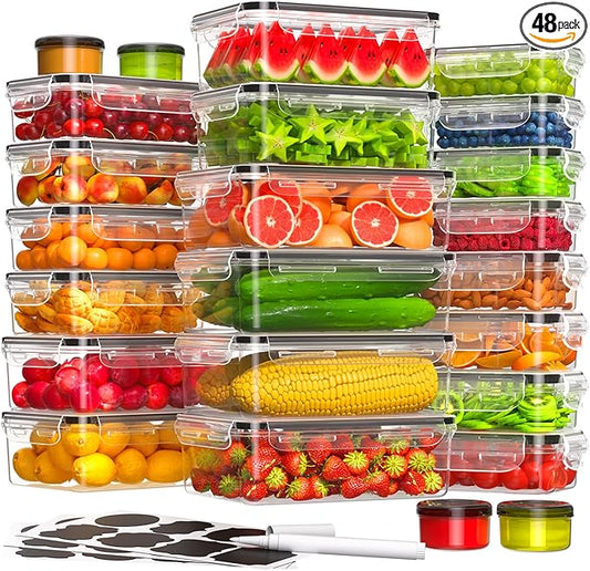 48 PCS Food Storage Containers with Lids Airtight (24 Containers & 24 Lids), Leak proof Meal Prep Container Set for Kitchen Storage, BPA-free, PVC-free Plastic, Microwave/Dishwasher Safe, Labels & Pen