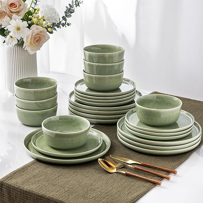 AmorArc Stoneware Dinnerware Sets,Round Reactive Glaze Ceramic Plates and Bowls Sets,Highly Scrath Resistant | Dishwasher & Microwave Safe,Service for 8 Dishes Set (24pc)