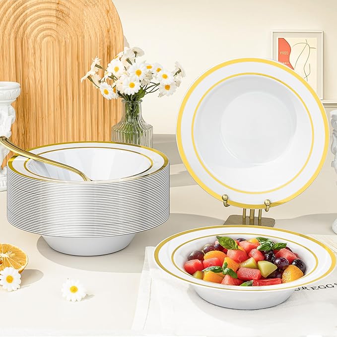 BESTVIP 50 Pack Plastic Bowls with Gold Rim, 12 oz Disposable Soup Bowls, Heavy-duty Dessert Salad Bowl for Party, Wedding, Christmas, Thanksgiving, Dinner, Catering