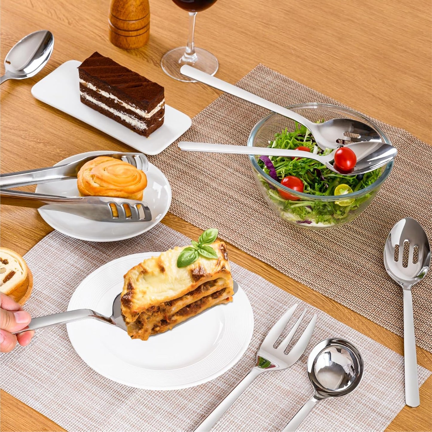 KINGSTONE Large Hostess Serving Utensils Set, Heavy Duty 18/10 Stainless Steel - 10 inch Serving Spoons, Slotted Spoons, Forks, Tongs, Cake Pie Server for Buffet, Wedding, Party