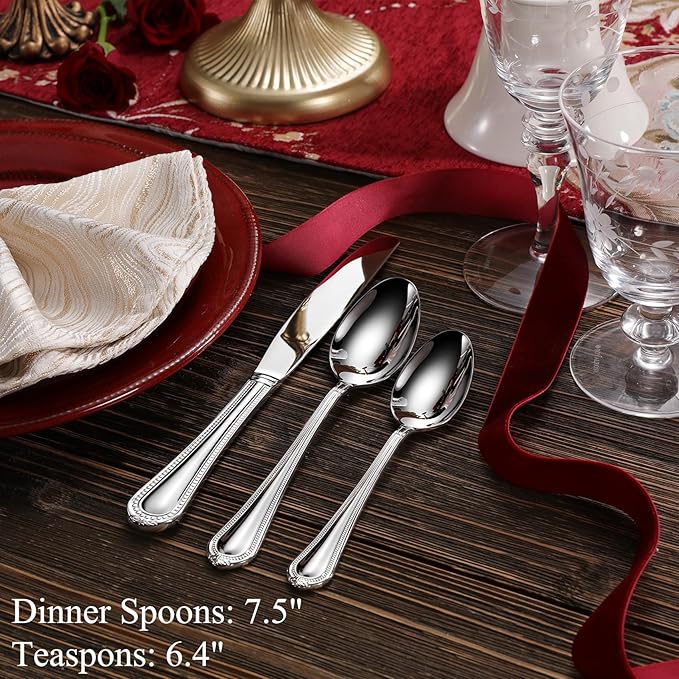 KEAWELL Pearl Edge 4-Piece Premium Spoon Set, 18/10 Stainless Steel, Fine Silverware Spoons with Refined Bead Design, Brightly Polished, Dishwasher Safe (Silver, 7.56" Dinner Spoons)
