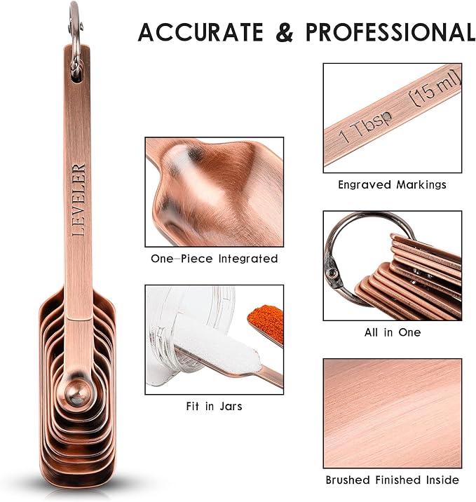 Copper Measuring Cups and Spoons Set 17, 7 Stainless Steel Measuring Cups&9 Long Hanlde Narrow Measuring Spoons for Spice Jar&Leveler, Kitchen Metric&US Measure Cup Spoons for Dry and Liquid