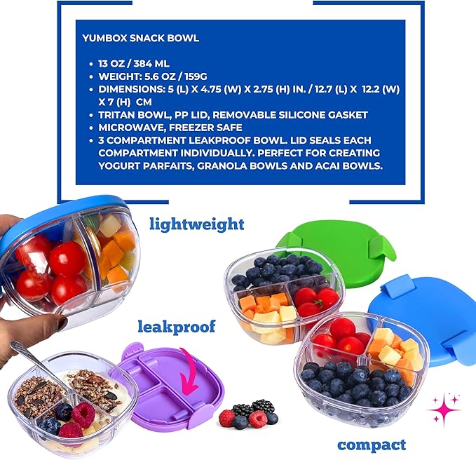 Yumbox Snack Bowl, Leakproof 3 Compartments, Removable Lid, Microwave, Dishwasher Safe, Kids Snacks, Granola Bowl, Snacks for school, work, travel
