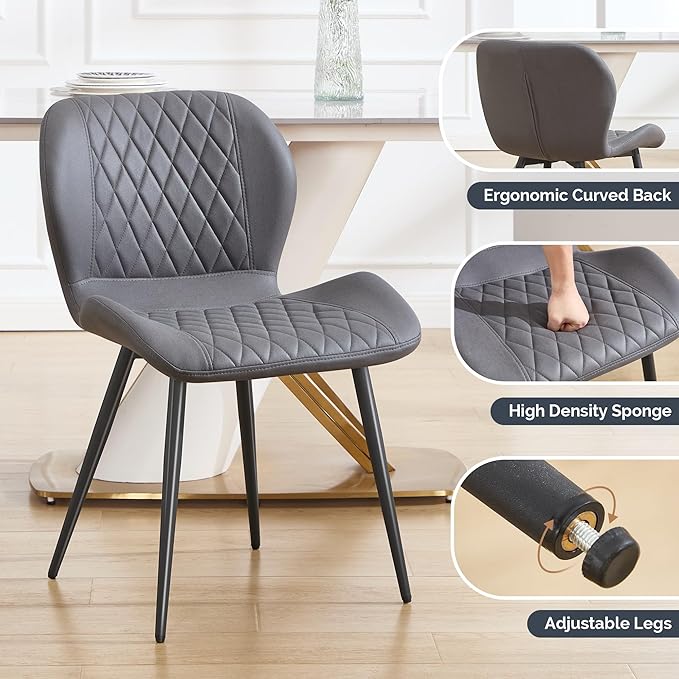 Dining Chairs Set of 2, Comfy Modern Dining Chairs with Thick Cushions, Upholstered Fabric Kitchen Side Chairs with Adjustable Metal Legs for Dining Room (Dark Grey)