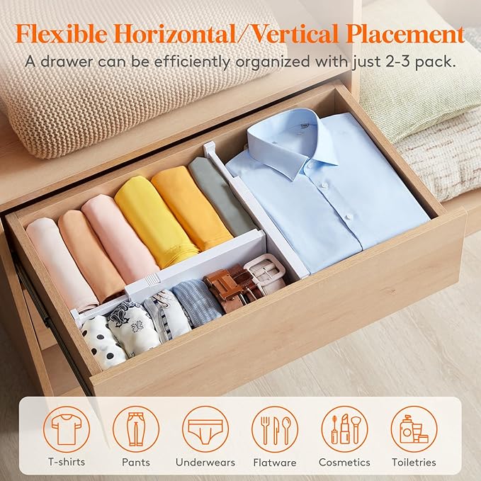 Lifewit 5 Pack 4" High Drawer Dividers 28-43.5cm/11-17" Adjustable Drawer Organizer for Clothes/Utensils, Expandable Drawer Separator in Dresser/Kitchen/Bedroom/Office Organization & Storage White