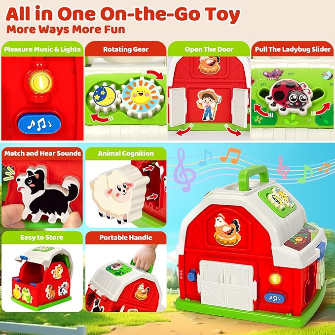 Montessori Toys for 1 2 3 Year Old Boys Girls, Musical Barn Farm Animal set for Toddler, Shape Sorting Educational Toy for Baby 12-18 Month, Learning Fine Motor Skills, Christmas Birthday Easter Gifts