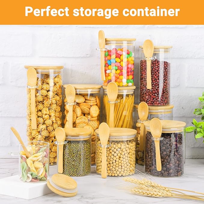 Glass Jars with Bamboo Lids and Spoon - 4 Pack 26 Fl.oz Round Glass Storage Jars with Airtight Lid, Includes Labels and Marker, Sugar Container Set for Coffee Bar, Tea Canister for Cereal, Bean