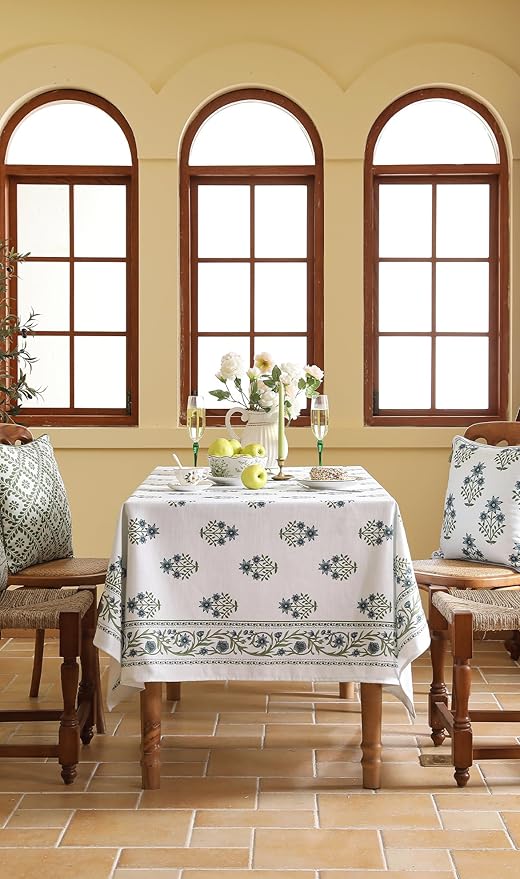 ISAENNE Designer White Linen Extra Long Rectangle Tablecloth,Chinoiserie Floral Elegant Indoor Table Cloth,Fall Stain Proof Decor Tablecloths for Dining Thanksgiving Kitchen,63"*110"-Mosella F