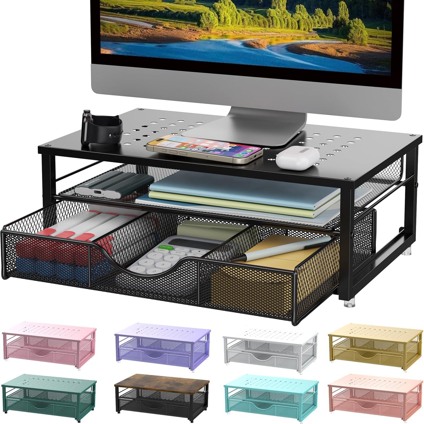 gianotter Computer Monitor Stand Riser, Desk Organizers and Accessories with Drawer, Office Desk Accessories & Workspace Desktop Organizers Storage for Classroom Office Supplies (Black)