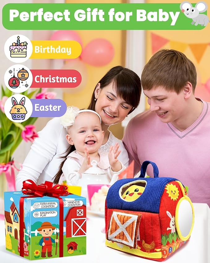 Baby Toys 6-12 Months - Infant Barn Toy with Stuffed Farm Animals, Rattle, Crinkle, Squeak, Mirror - Montessori Sensory Toys for 6 7 8 9 10 12 Month Old Babies, 1 Year Old Baby Boy Girl Gifts
