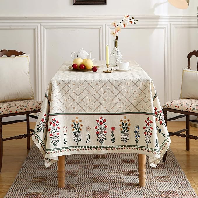 ISAENNE Designer Vintage Linen Floral Small Rectangular Tablecloth,Fall Colorful Modern Table Cloth,Anti-Wrinkle Decor Tablecloths for Dining Thanksgiving Kitchen Christmas,55"*71"-Bertina E