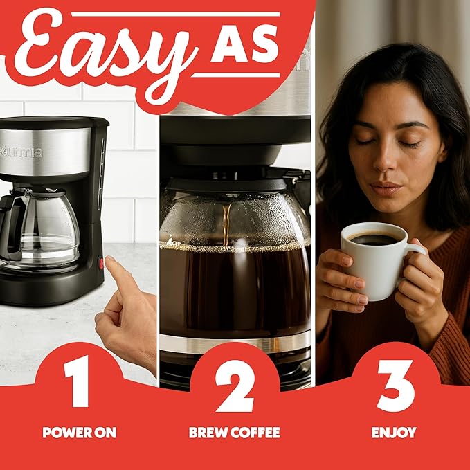 Gourmia Coffee Maker – 5 Cup, One-Touch Brew, Pause & Serve, Automatic Keep Warm, Stainless Steel Accents, Black