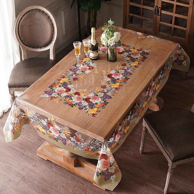 Clear Table Cover Protector Vinyl PVC Rectangle Table Cloth with Floral Fruit Pattern Oil Spill Proof Plastic Tablecloths for Dining Tables Parties Holidays (Floral Fruit, 55 x 104 Inches)