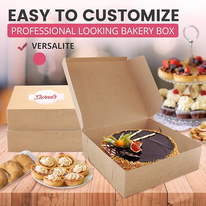 Fit Meal Prep 250 Pack Kraft Bakery Boxes - Brown Cardboard Pie & Dessert Boxes, 9x9x3 inches, for Cupcakes, Chocolates & Donuts