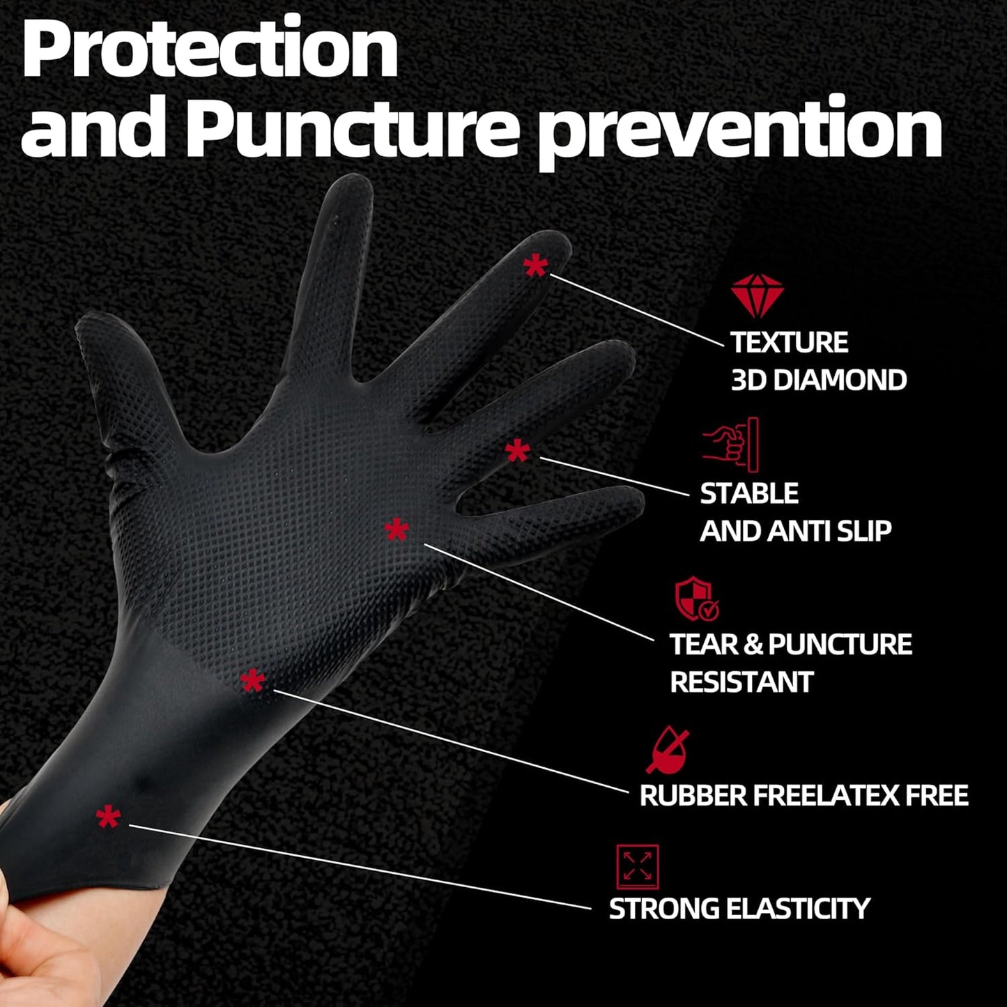 Jointown Basic Heavy Duty Nitrile Gloves, Mechanic Gloves 8 Mil Nitrile Disposable, with Raised Diamond Texture, Case of 1000, Black, Medium