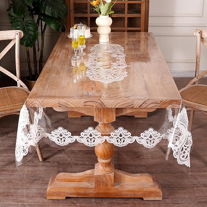Clear Table Cover Protector Vinyl Table Cloth Rectangle Oil Spill Proof Vintage Rustic Plastic Table Covers for Dining Tables (White Lace, 60 x 84 Inches)