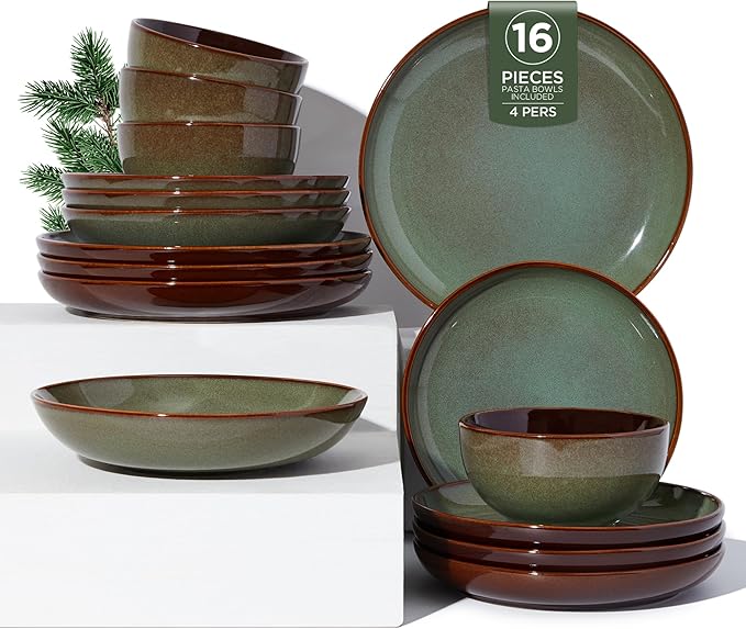 Pokini 16 Piece Double Bowl Dinnerware Sets with Pasta Bowls, Highly Chip and Crack Resistant Plates and Bowls Sets, Natural Earthyware Ceramic Dishware Sets, Service for 4 Sage Green