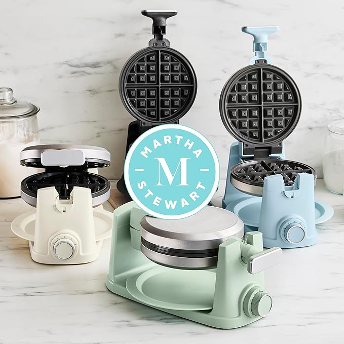Martha Stewart Rotating Waffle Maker, 180° Flip Iron with PFAS-Free Nonstick Plates, Adjustable Timer, Ready Light, Drip Tray, Space Saving, Classic Round 7”, Easy to Clean, Stainless Steel, Honeydew