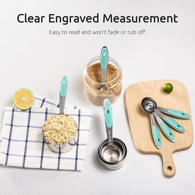 U-Taste 10 Piece Measuring Cups and Spoons Set in 18/8 Stainless Steel, and 18/8 Stainless Steel 5.5 inch 30 Mesh Strainer (Aqua Sky)
