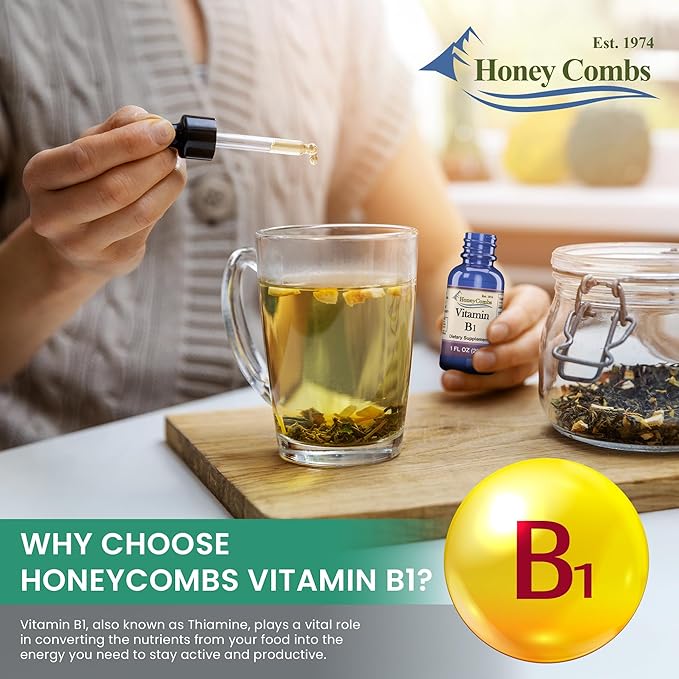 HoneyCombs Vitamin B1 Supplement (Thiamine) Liquid Drops - High Potency Thiamine B1 Supplement for Men & Women - Maintain Nervous System, Energy & Overall Health - Vegan Liquid B Vitamins (8 Fl oz)