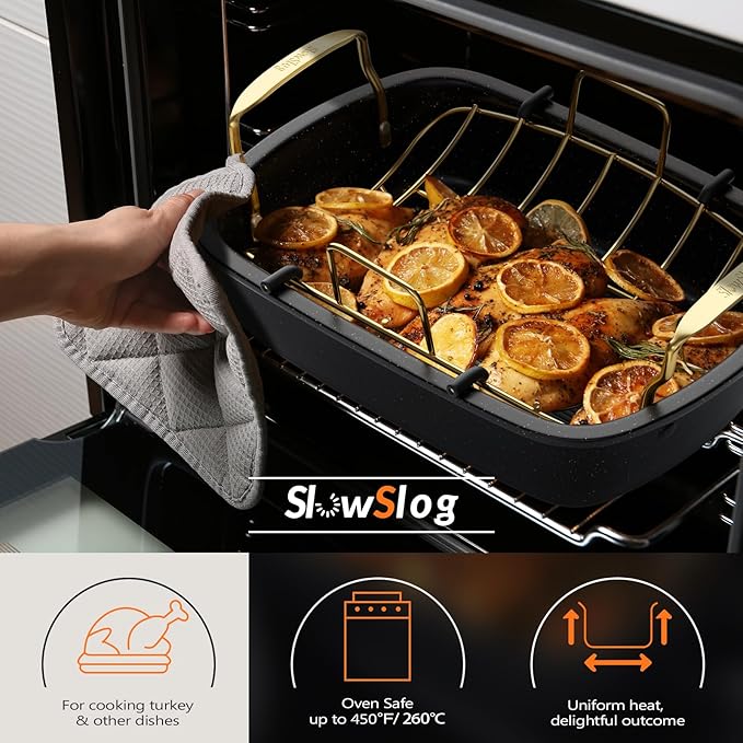 Turkey Roasting Pan, 17x13 Inch Nonstick Roaster with Removable Rack, Turkey Baster, Meat Thermometer, Turkey Brine Bags, Roaster Pan for Roasting Turkey, Meat & Vegetables (Black&Gold)