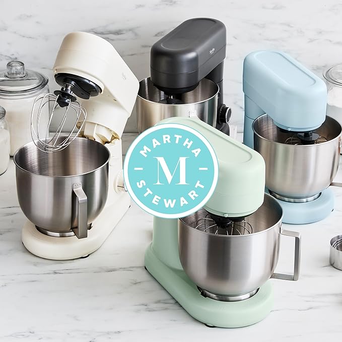 Martha Stewart Stand Mixer, 12 Speed, Tilt-Head, 5.3QT Stainless Steel Bowl, Splash Guard with Pour Chute, Whisk, Dough Hook, Flat Beater, Electric Kitchen Baking Mixer, Bread, Cake, Whip, Caviar Gray