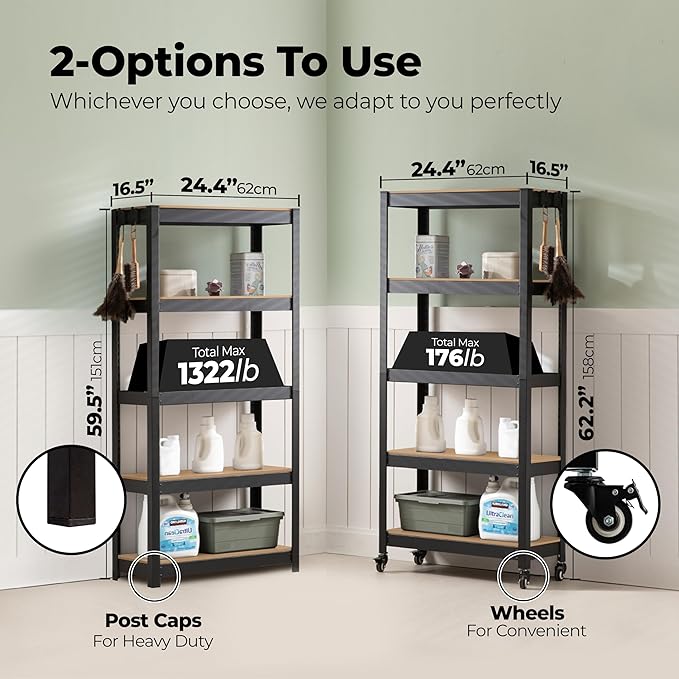 HOMEDANT House 5-Tier Metal Rolling Cart Shelf Rack Casters Heavy Duty Laminated Wheel Shelving Unit Adjustable Utility Storage Shelves Organizer Shelf Kitchen Garage 24.4" W x 16.5" D x 62.2" H 3Pack