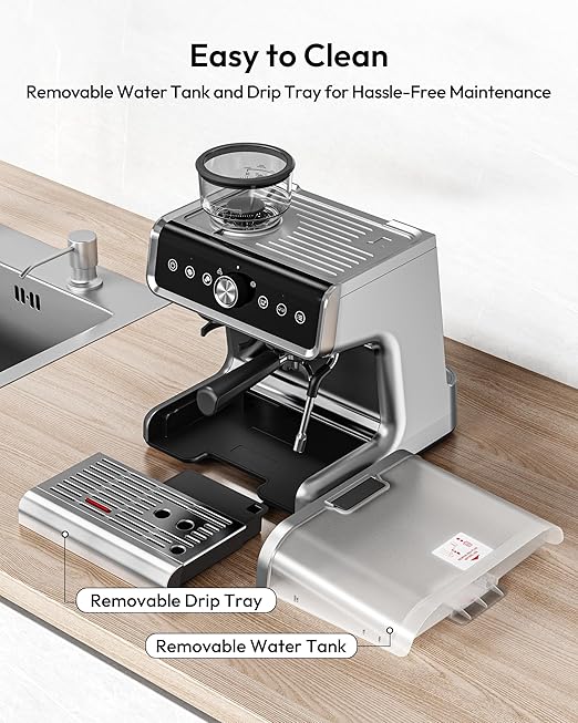 EUHOMY Espresso Machine with Grinder, 20 Bar Coffee Maker with Milk Frother Steam Wand, Professional Expresso Coffee Machines with Removable Water Tank, Latte & Cappuccino Machine for Home Barista