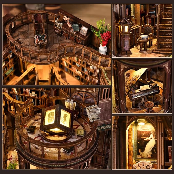 fifijoy DIY Miniature Dollhouse Kit - DIY Miniature House Kit with LED Lights, 3D Wooden Puzzle Library Bookshelf Decor for Adults, Creative Gift for Family, Friends (Dreamy Book Hall)