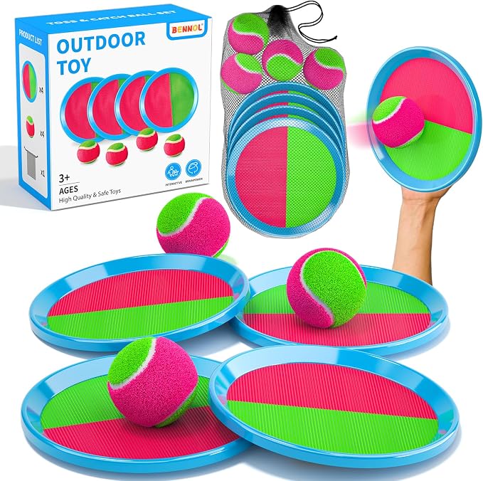 Bennol Toss and Catch Ball Game for Kids, 4 Paddles, 4 Balls & Storage Bag, Outdoor Toys for Ages 3-10, Yard Backyard Beach Games