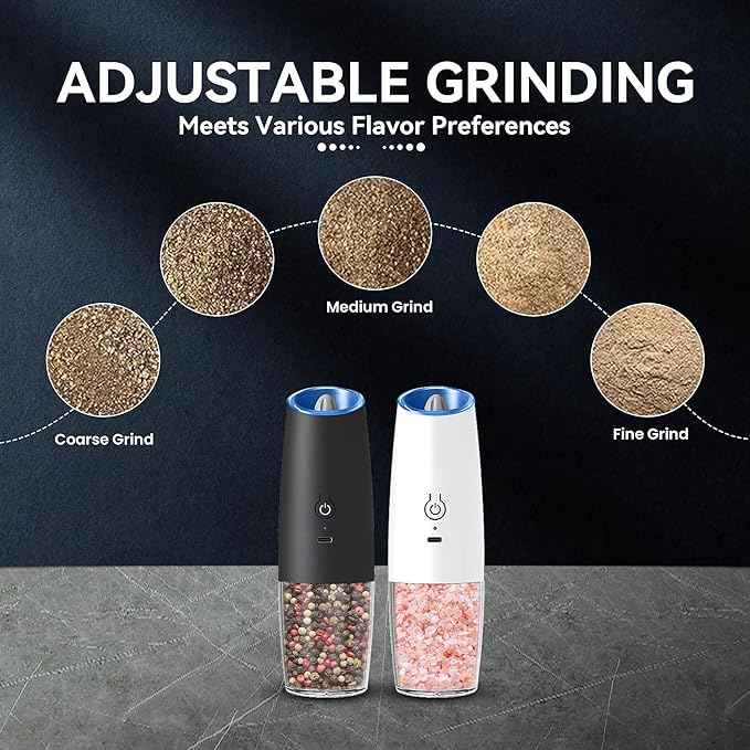 Rechargeable Electric Salt and Pepper Grinder set of 2, gravity electric salt and pepper grinder set, Adjustable Roughness, LED Light, 2 Pack, (Black&White)